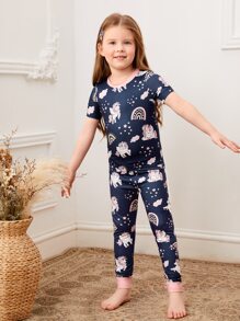Toddler Girls Cartoon Unicorn Print Snug Fit PJ Set - Navy Blue - View 4