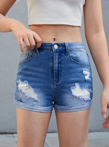 SHEIN 青少年女孩破洞卷邊牛仔短褲 - 中等水洗藍 - 查看 5