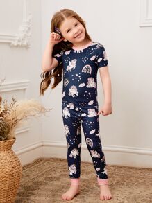 Toddler Girls Cartoon Unicorn Print Snug Fit PJ Set - Navy Blue - View 5
