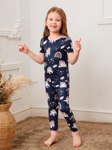 Toddler Girls Cartoon Unicorn Print Snug Fit PJ Set - Navy Blue - View 6