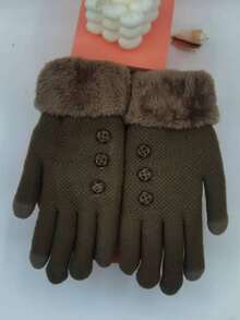 Button Decor Thermal Lined Gloves - Brown - View 1