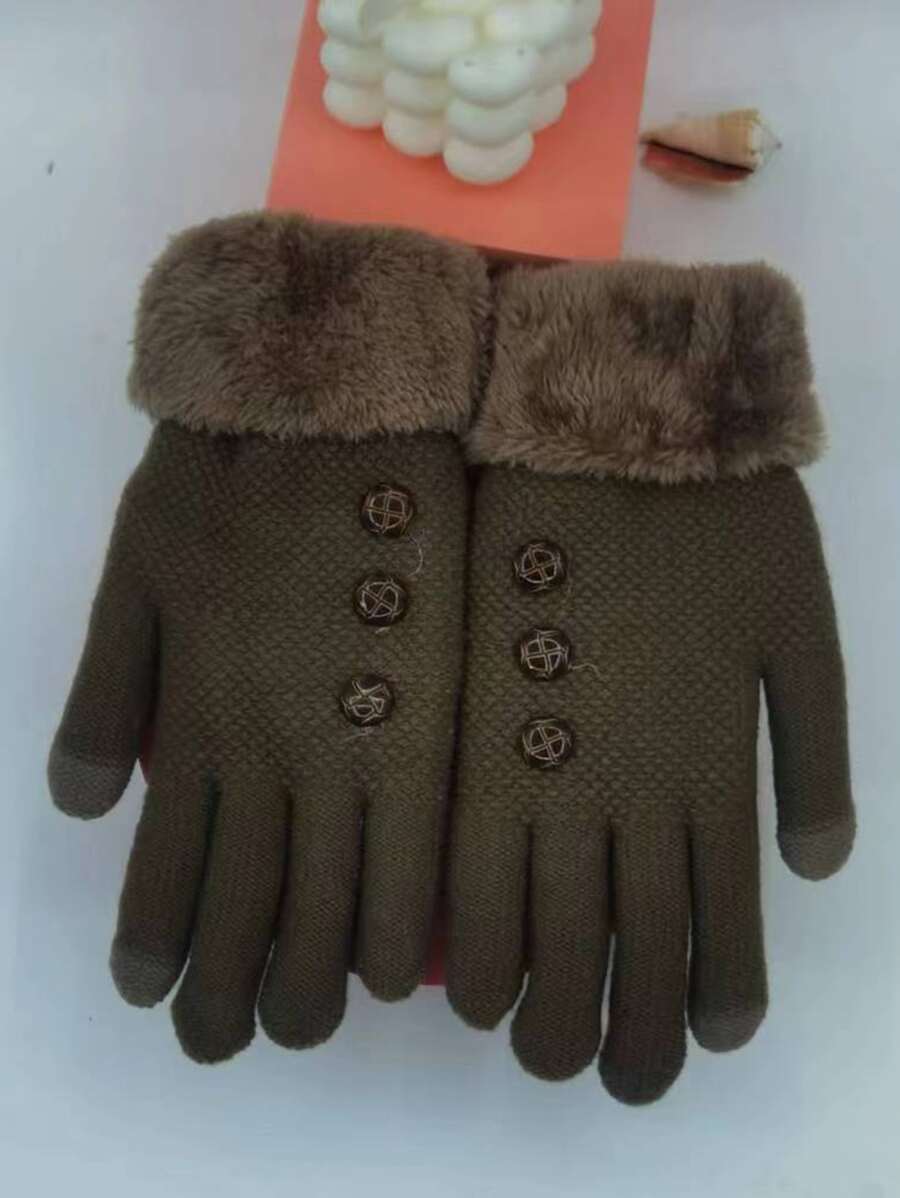 Button Decor Thermal Lined Gloves - Brown - View 1
