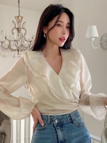 DAZY 荷叶边灯笼袖衬衫长袖上衣 - 杏色 - 查看 7