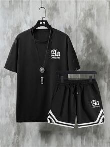 Manfinity Men Letter Graphic Tee & Striped Trim Drawstring Waist Shorts - Black - View 1