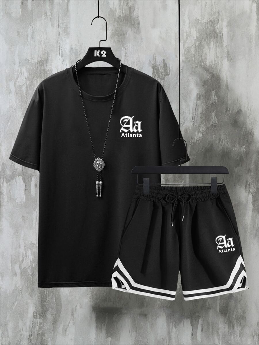 Manfinity Men Letter Graphic Tee & Striped Trim Drawstring Waist Shorts - Black - View 1