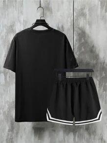 Manfinity Men Letter Graphic Tee & Striped Trim Drawstring Waist Shorts - Black - View 2