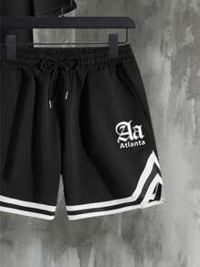 Manfinity Men Letter Graphic Tee & Striped Trim Drawstring Waist Shorts - Black - View 5