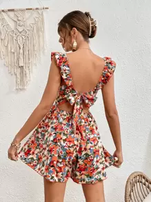 SHEIN Frenchy Women Bow Backless Back Tie Leaf Edge Vacation Printed Red Summer Shorts Jumpsuit. Flower - Multicolor - View 3