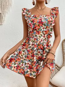 SHEIN Frenchy Women Bow Backless Back Tie Leaf Edge Vacation Printed Red Summer Shorts Jumpsuit. Flower - Multicolor - View 2