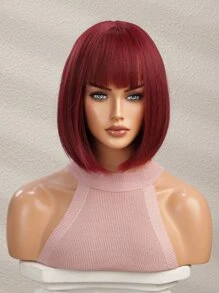 Tóc giả tổng hợp ngắn thẳng có tóc mái - Màu Đỏ Sâu - Xem 1