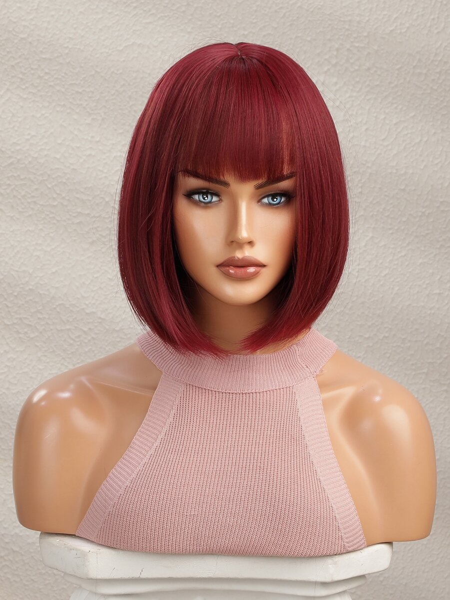 Tóc giả tổng hợp ngắn thẳng có tóc mái - Màu Đỏ Sâu - Xem 1