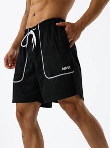 Manfinity Fitness Men Letter Graphic Drawstring Waist Sports Shorts - Black - View 1
