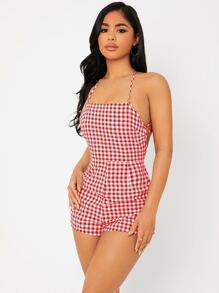 SHEIN PETITE Áo liền quần nữ Lộ Lưng Ren lên Kẻ sọc Gợi cảm - Đỏ và trắng - Xem 1