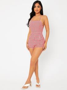 SHEIN PETITE Áo liền quần nữ Lộ Lưng Ren lên Kẻ sọc Gợi cảm - Đỏ và trắng - Xem 5