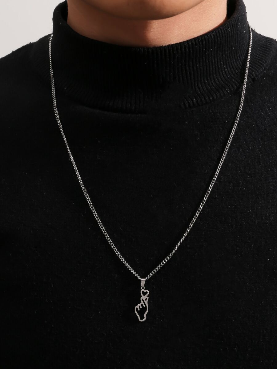 Fashionable and Popular Men Gesture Charm Necklace Stainless Steel for Jewelry Gift and for a Stylish Look - Silver - View 1