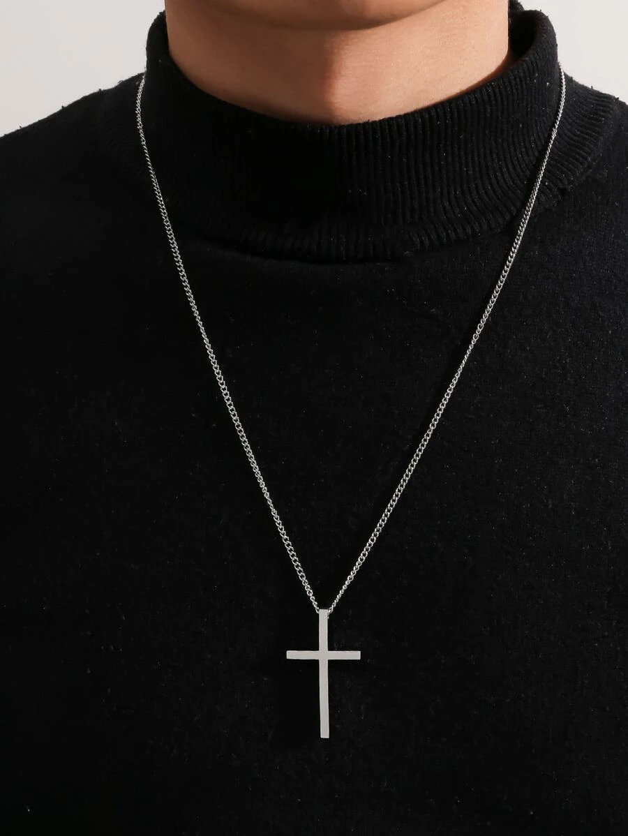 Fashionable and Popular Men Cross Charm Necklace Stainless Steel for Jewelry Gift and for a Stylish Look - Silver - View 1
