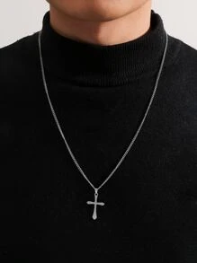 時尚流行男士十字吊飾項鍊不銹鋼珠寶禮物和時尚外觀 - 銀色 - 查看 1