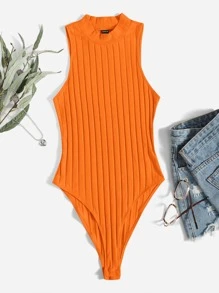 SHEIN EZwear Áo liền quần ôm nữ Gân đan màu trơn Giải trí - trái cam - Xem 1