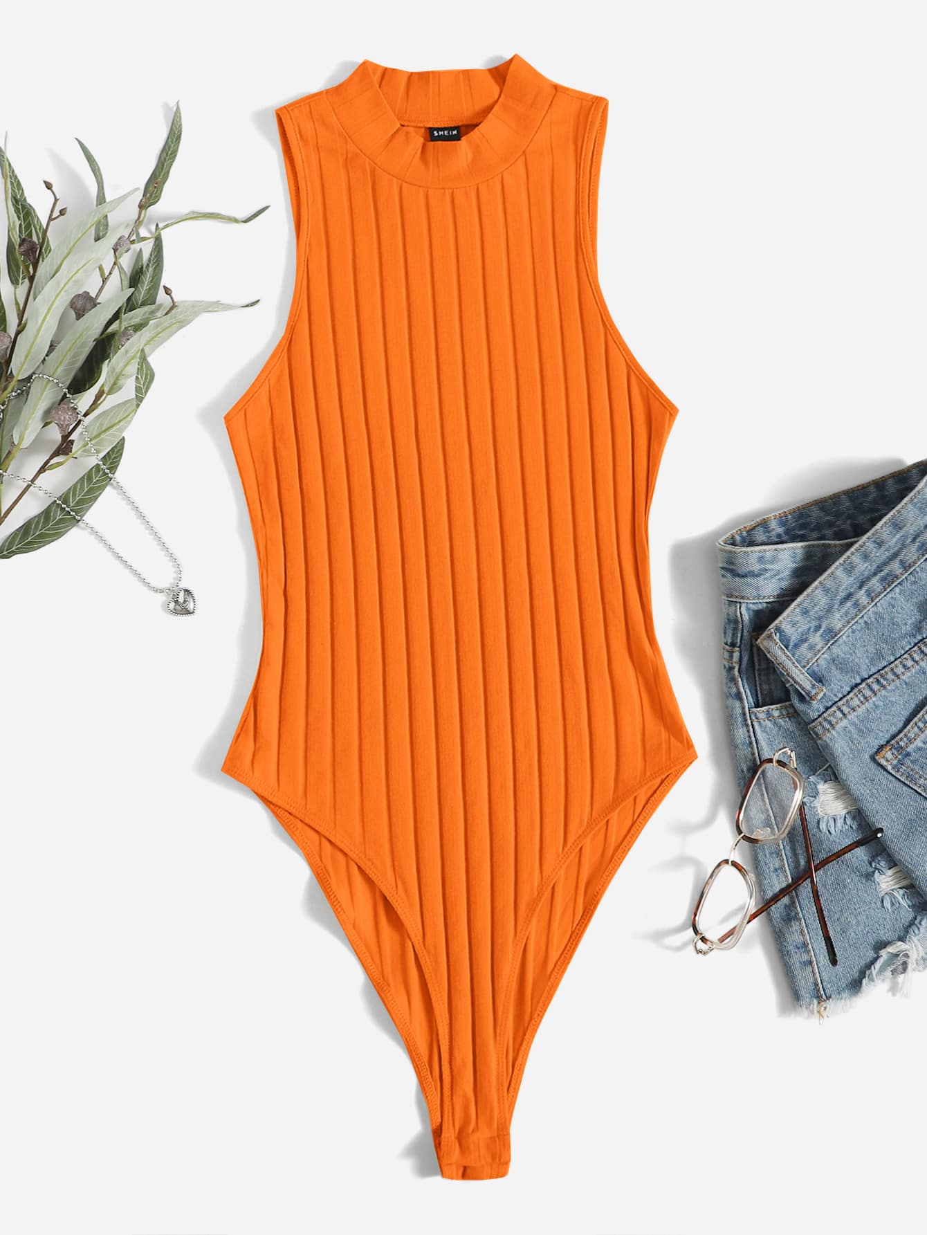 SHEIN EZwear Áo liền quần ôm nữ Gân đan màu trơn Giải trí - trái cam - Xem 1