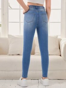 SHEIN Teen Girl Stepped Waist Ripped Jeans - Light Wash - View 2