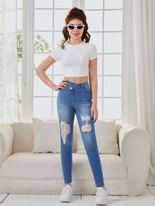 SHEIN Teen Girl Stepped Waist Ripped Jeans - Light Wash - View 3