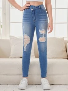 SHEIN Teen Girl Stepped Waist Ripped Jeans - Light Wash - View 4