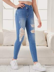 SHEIN Teen Girl Stepped Waist Ripped Jeans - Light Wash - View 5