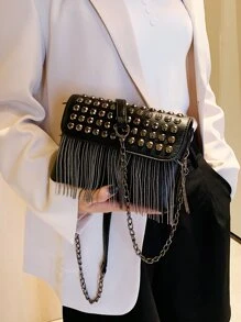 Túi Crossbody Nữ mép Đúc màu trơn Chuỗi Punk - màu đen - Xem 1