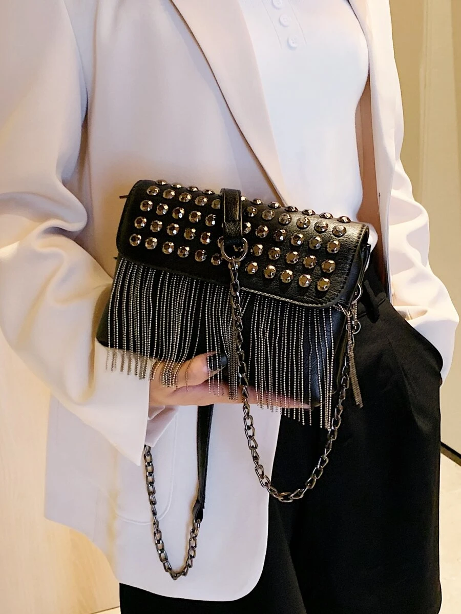 Túi Crossbody Nữ mép Đúc màu trơn Chuỗi Punk - màu đen - Xem 1