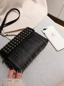 Túi Crossbody Nữ mép Đúc màu trơn Chuỗi Punk - màu đen - Xem 6