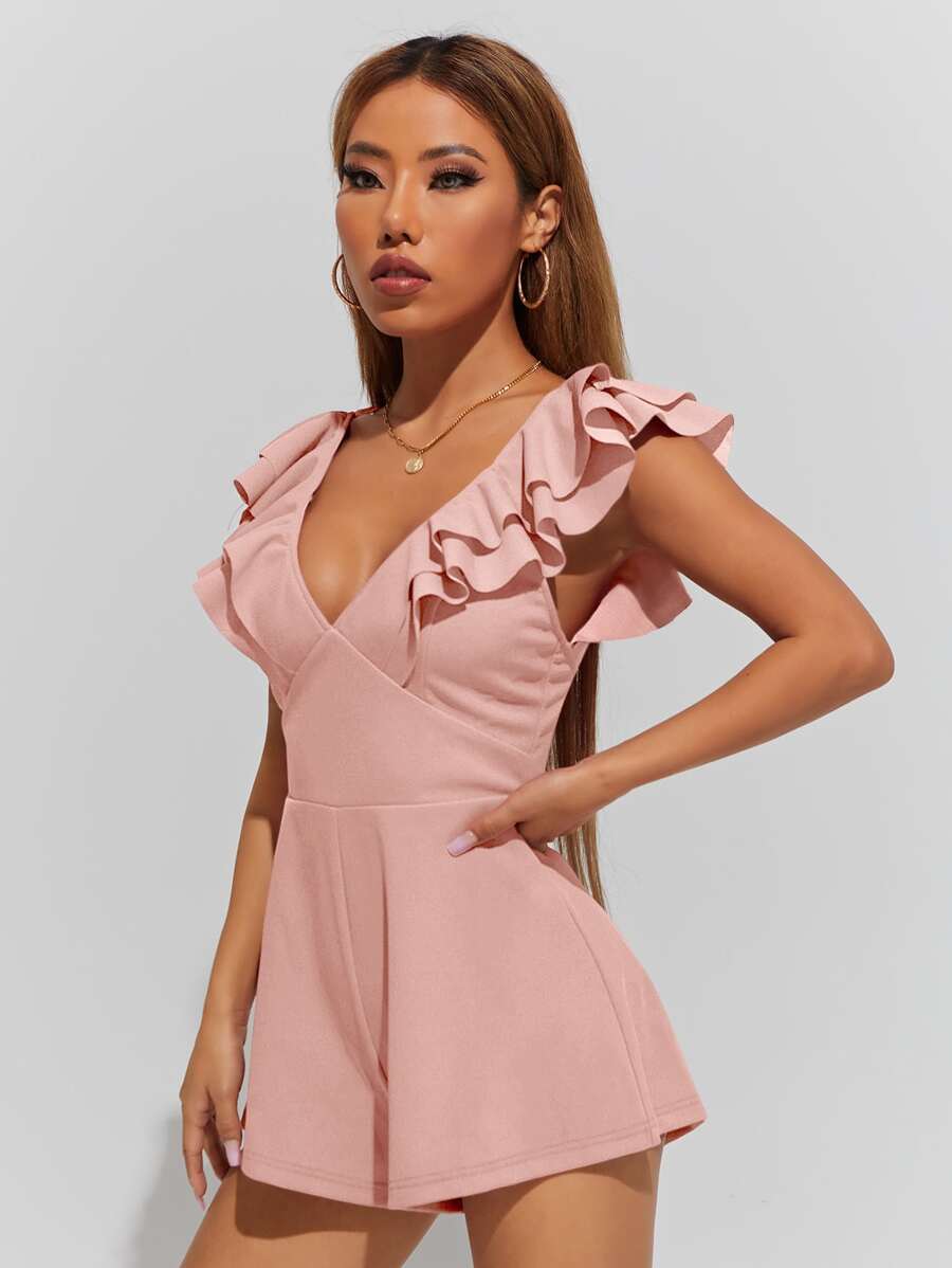 SHEIN PETITE Plunging Neck Ruffle Trim Crisscross Back Romper - Coral Pink - View 1