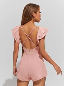 SHEIN PETITE Plunging Neck Ruffle Trim Crisscross Back Romper - Coral Pink - View 2
