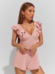 SHEIN PETITE Plunging Neck Ruffle Trim Crisscross Back Romper - Coral Pink - View 3