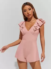 SHEIN PETITE Plunging Neck Ruffle Trim Crisscross Back Romper - Coral Pink - View 4