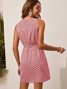 SHEIN Clasi Polka Dot Belted Tunic Dress - Dusty Pink - View 2