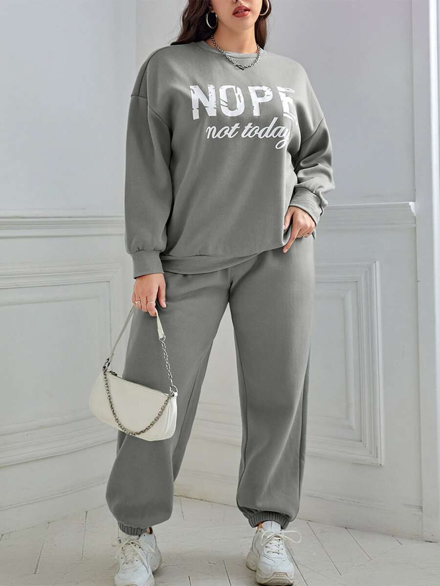 SHEIN Essnce Plus Letter Graphic Drop Shoulder Sweatshirt & Joggers - Grey - View 1