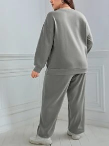 SHEIN Essnce Plus Letter Graphic Drop Shoulder Sweatshirt & Joggers - Grey - View 2