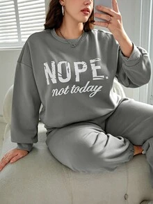 SHEIN Essnce Plus Letter Graphic Drop Shoulder Sweatshirt & Joggers - Grey - View 3