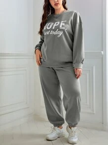 SHEIN Essnce Plus Letter Graphic Drop Shoulder Sweatshirt & Joggers - Grey - View 4