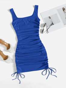 SHEIN Essnce Solid Drawstring Bodycon Dress - Royal Blue - View 1