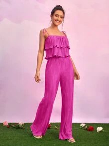 SHEIN BAE 荷葉邊吊帶上衣和喇叭褲套裝 - 玫紅色 - 查看 1