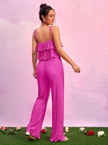 SHEIN BAE 荷葉邊吊帶上衣和喇叭褲套裝 - 玫紅色 - 查看 2