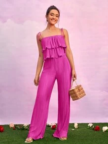 SHEIN BAE 荷葉邊吊帶上衣和喇叭褲套裝 - 玫紅色 - 查看 3