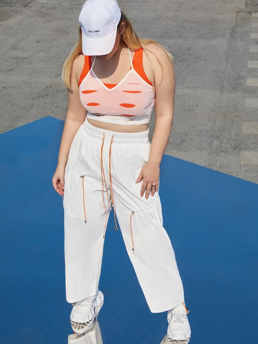 SHEIN EZwear Plus Drawstring Detail Trousers - White - View 1