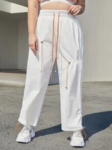 SHEIN EZwear Plus Drawstring Detail Trousers - White - View 2