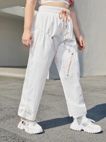 SHEIN EZwear Plus Drawstring Detail Trousers - White - View 3