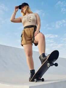 SHEIN EZwear Plus Letter & Chinese Dragon Graphic Tank Top - Khaki - View 3