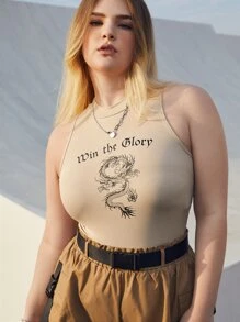 SHEIN EZwear Plus Letter & Chinese Dragon Graphic Tank Top - Khaki - View 7