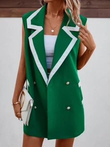 SHEIN LUNE Contrast Panel Double Breasted Blazer Vest - Green - View 2