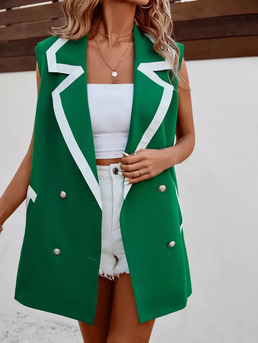SHEIN LUNE Contrast Panel Double Breasted Blazer Vest - Green - View 1